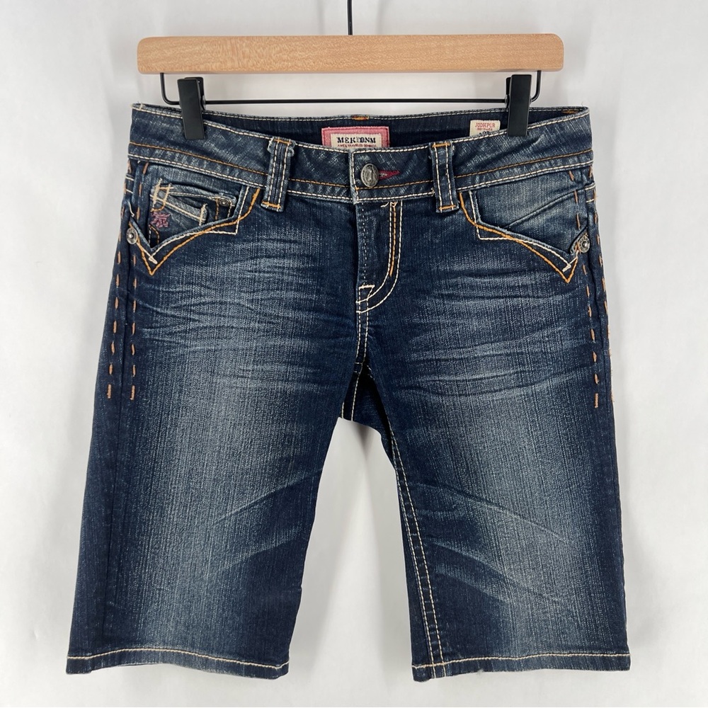 MEK Jodhpur Bermuda Size 27 Stretch Dark Wash Denim Whiskered Faded‎ Shorts